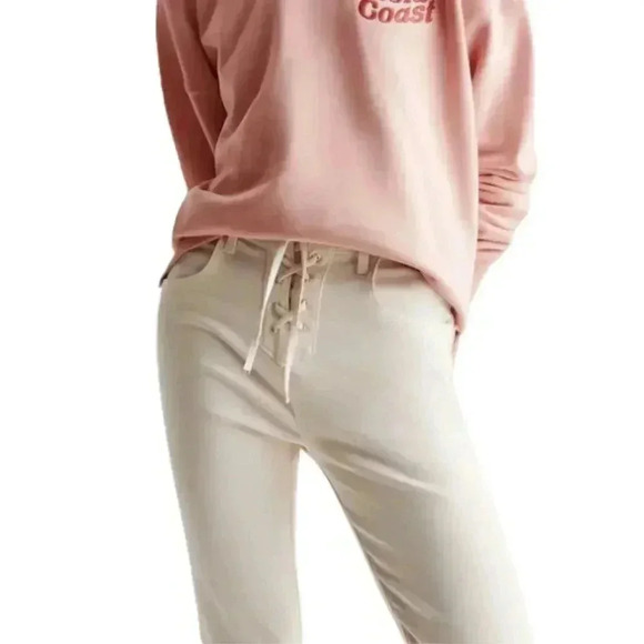 Mango Beige Lace Up Flare High Waist Jeans Tie Closure Denim Pants L NWT - Picture 3 of 5